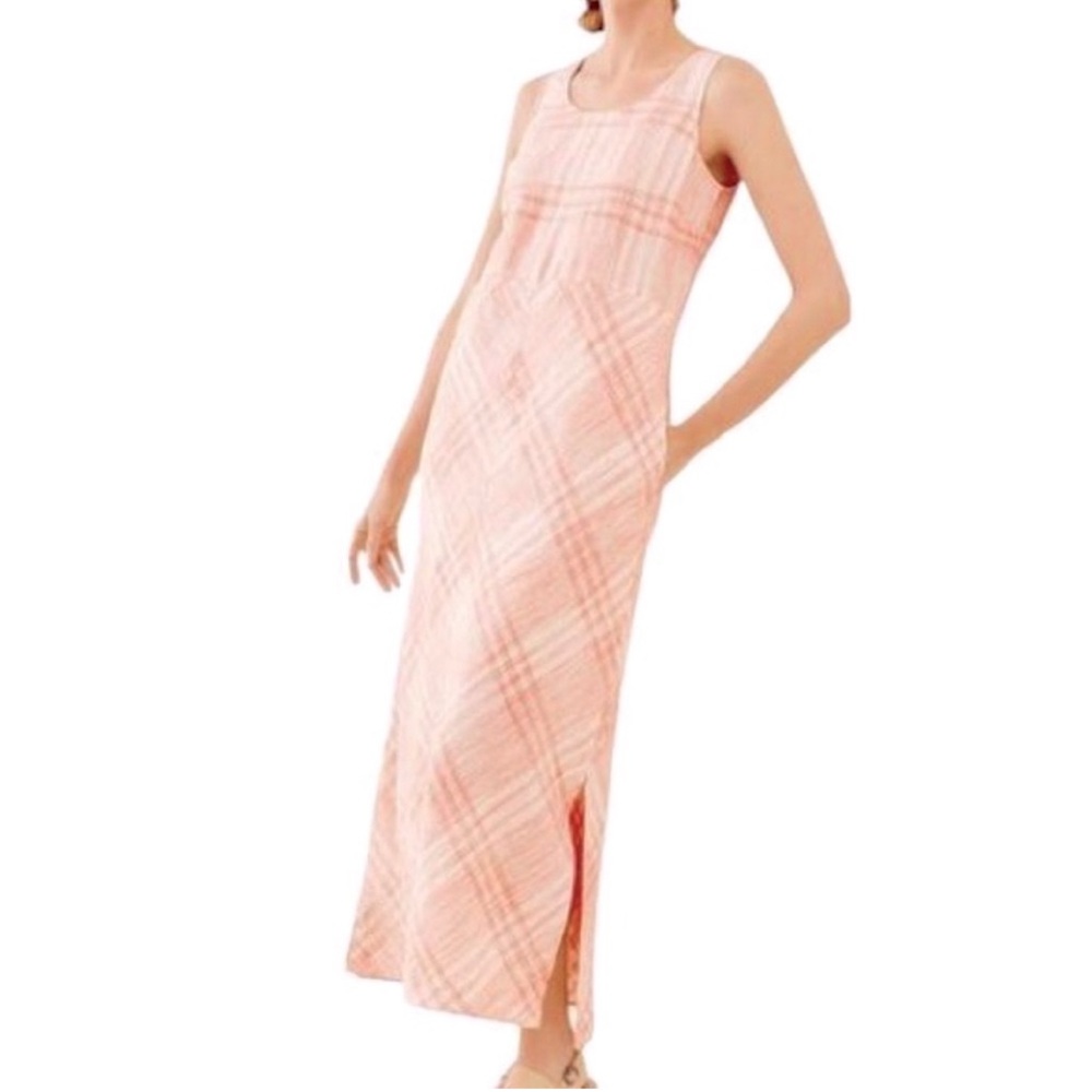 J. Jill Love Linen Lagenlook Coastal Plaid Midi Dress Sleeveless Peach Coral M